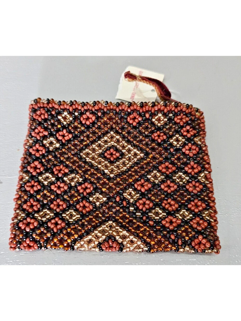 Gap Red Beaded Coin Purse Zip Pouch Brown Black Tribal Geometric NWT